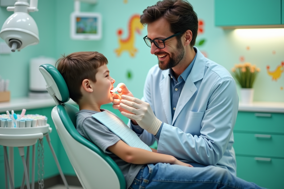 Dentiste examinant un garçon souriant en cabinet dentaire
