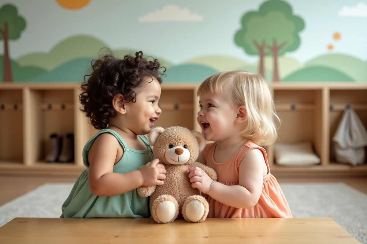 Deux petites filles partageant un ours en peluche dans la crèche