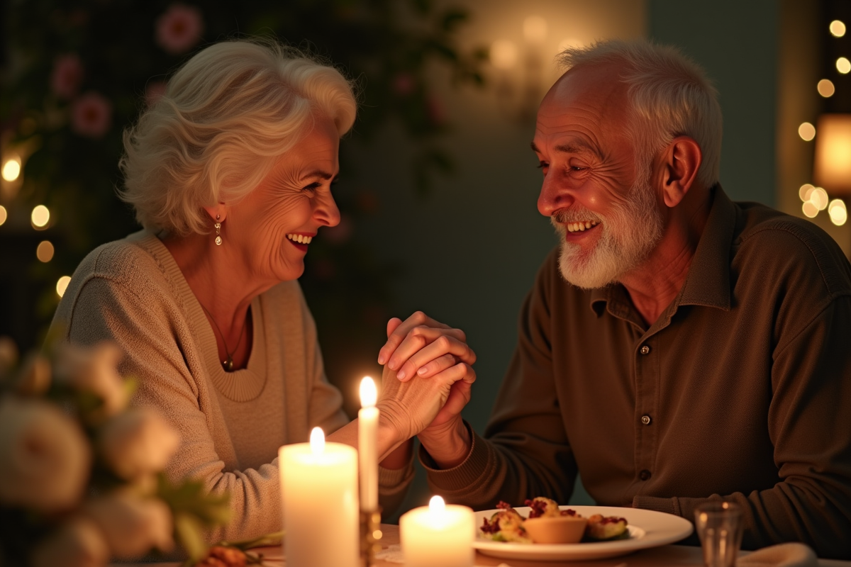 Couple âgé se tenant la main lors d un dîner romantique
