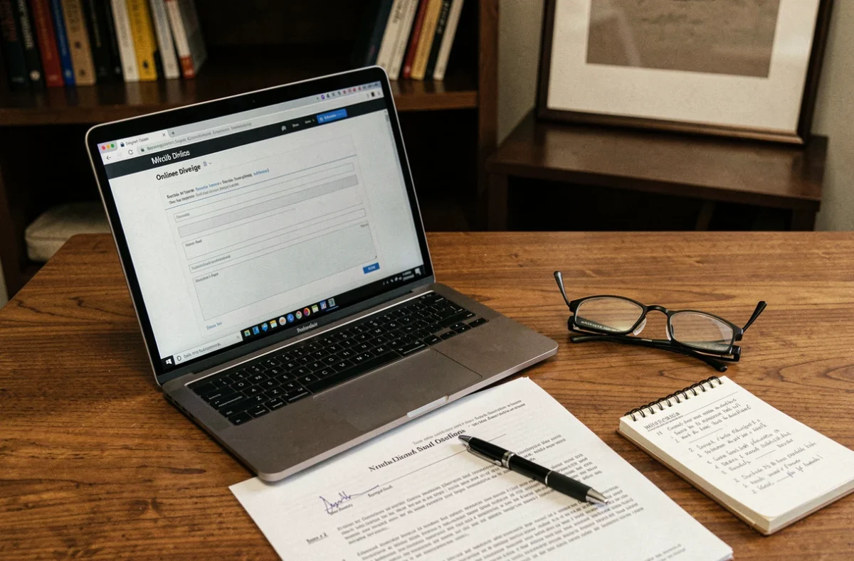 Gros plan sur un bureau avec un ordinateur portable affichant un formulaire de divorce en ligne, des documents juridiques à signer et des notes manuscrites