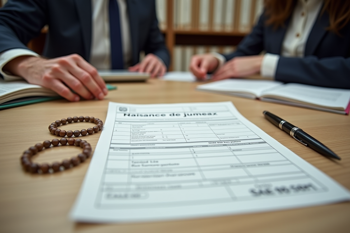 Documents officiels de naissance de jumeaux sur un bureau avec mains en arrière-plan