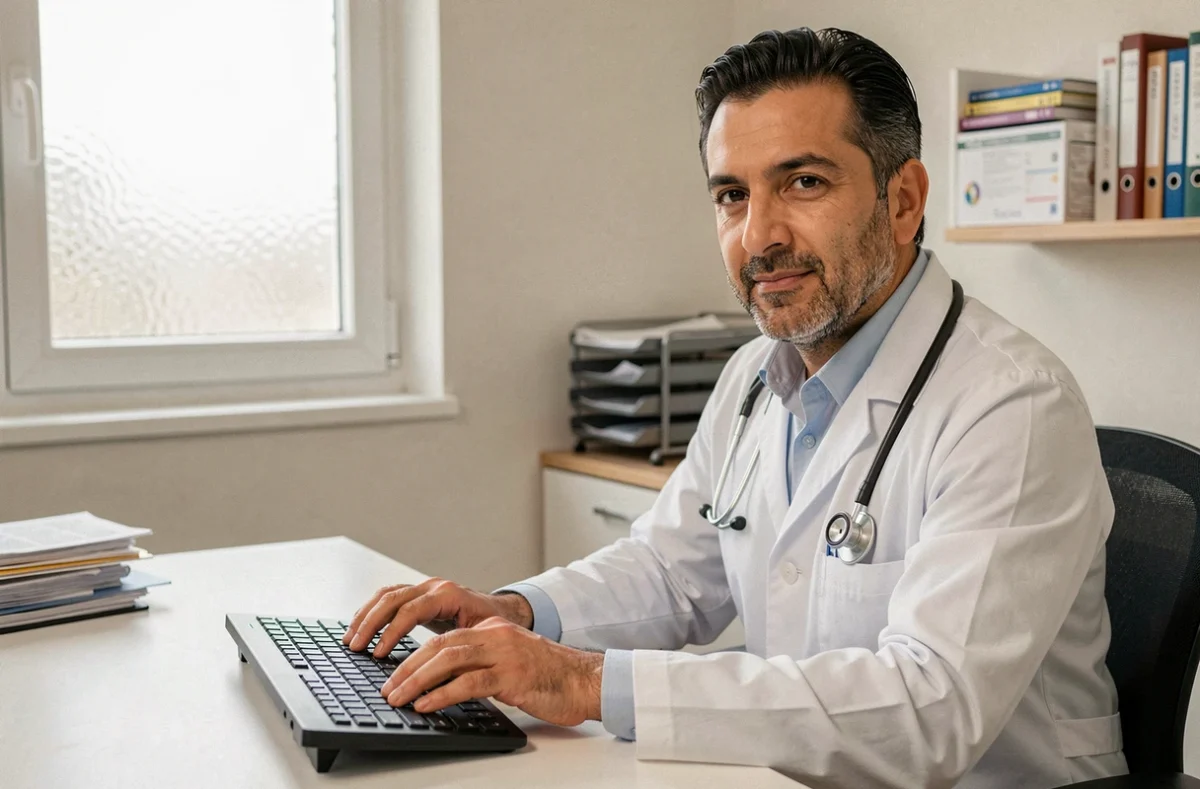 Pédiatre homme en blouse blanche au bureau de consultation à Pontoise, attentif et professionnel avec stéthoscope