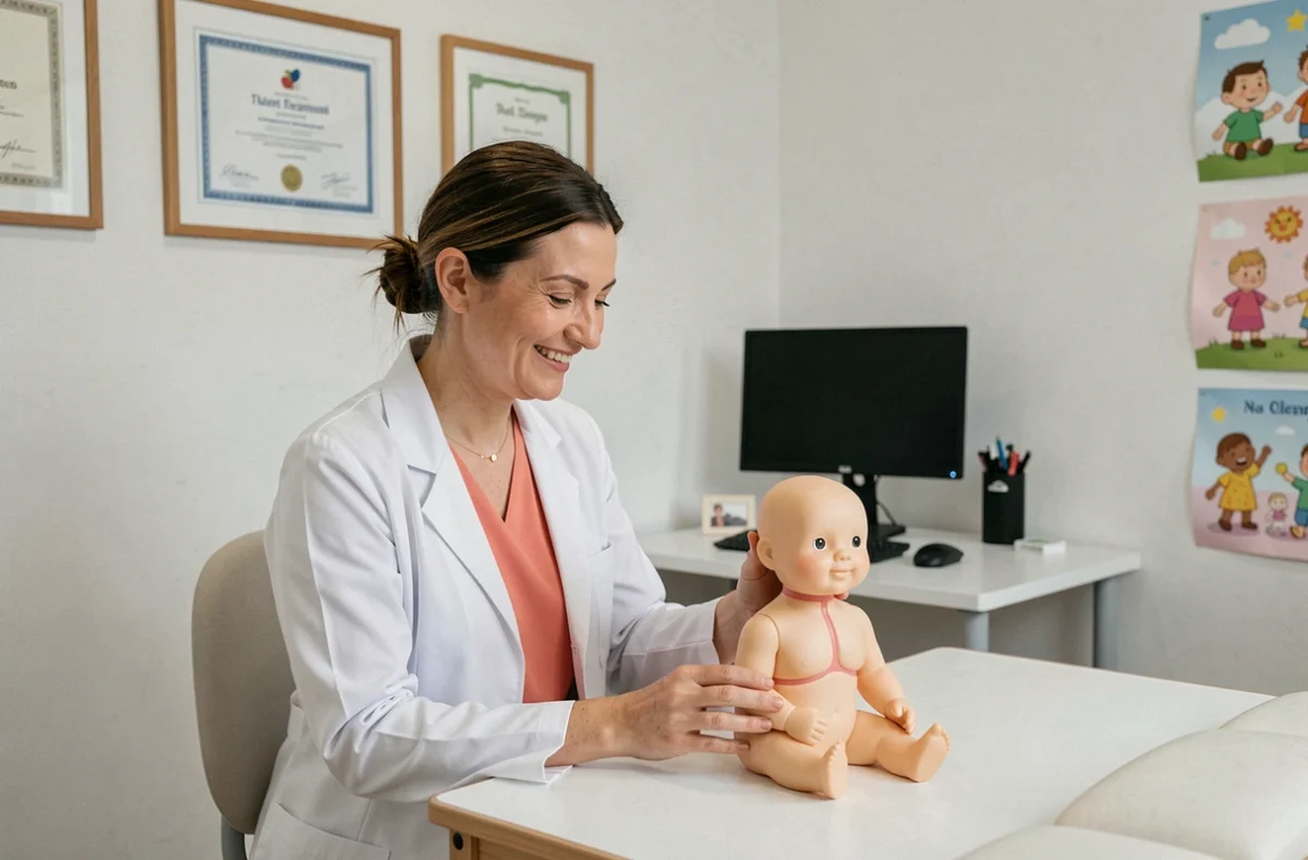 Femme pédiatre souriante dans son cabinet médical à Margency, Val-d'Oise, en blouse blanche avec diplômes au mur