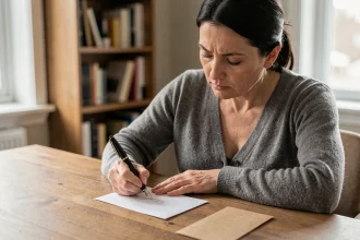 Femme écrivant un message de condoléances à la main sur une carte de deuil avec un stylo plume, assise à un bureau en bois