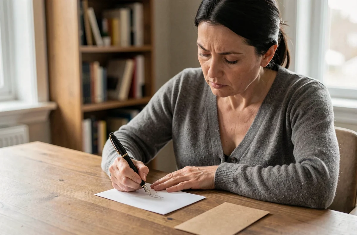 Femme écrivant un message de condoléances à la main sur une carte de deuil avec un stylo plume, assise à un bureau en bois