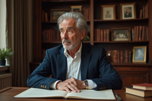Portrait d'un écrivain français élégant dans son bureau parisien, ambiance littéraire et intime