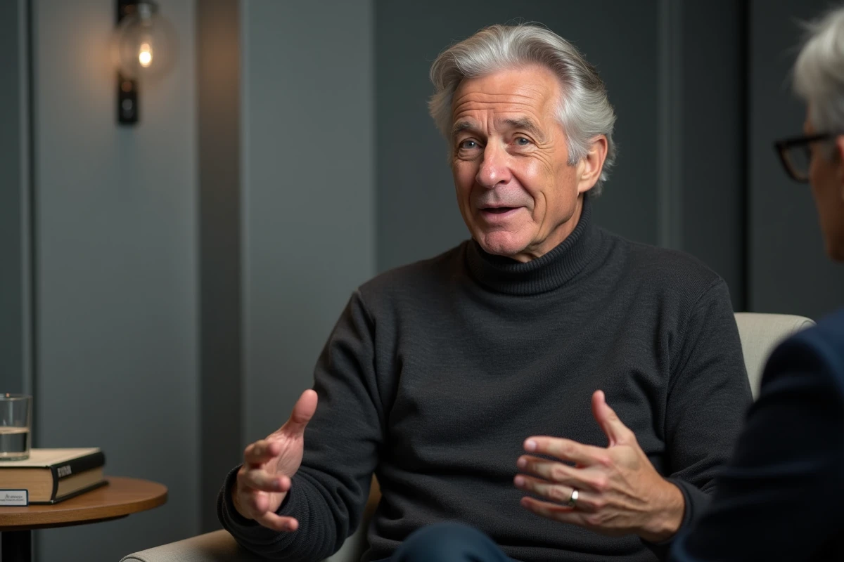 Écrivain français en interview dans un studio de presse, expression animée et posture engagée