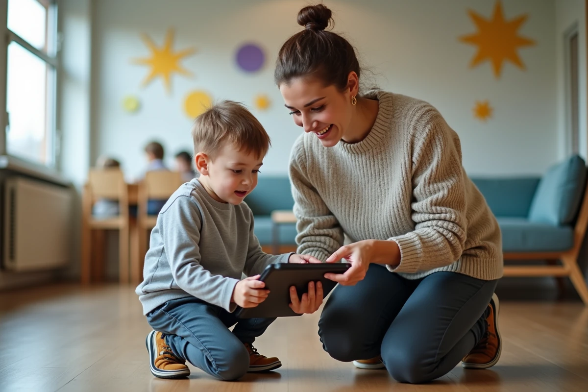 Educatrice guidant un jeune garçon avec une tablette à La Maillerie