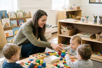 Photo d'une éducatrice aidant des tout-petits en classe
