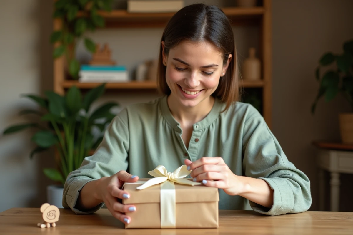 Jeune femme emballant un cadeau de baptême personnalisé en papier kraft avec ruban satiné à la maison