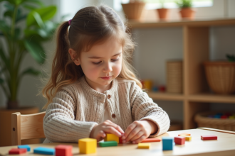 Jeune fille assemble des blocs colorés dans une classe Montessori
