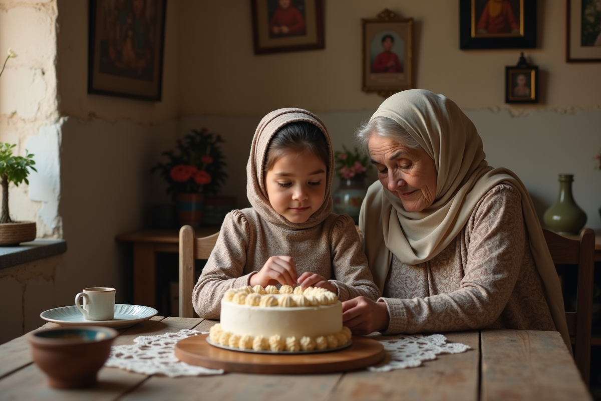 Jeune fille décorant un gâteau avec sa grand-mère