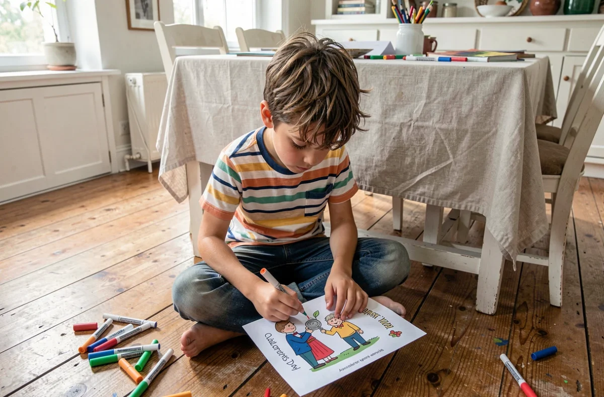 Enfant coloriant un dessin imprimé à offrir pour la fête des grands-pères