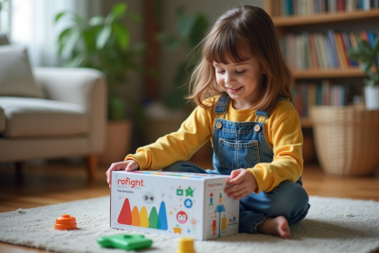 Jeune fille curieuse découvre un kit éducatif coloré