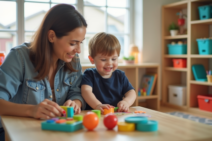 Garçon d'école maternelle jouant avec une éducative dans une crèche lumineuse