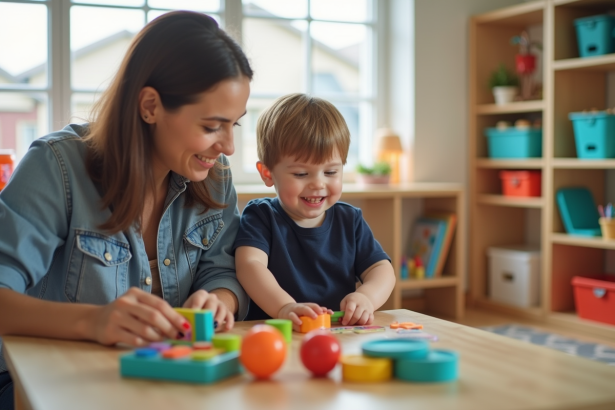 Garçon d'école maternelle jouant avec une éducative dans une crèche lumineuse