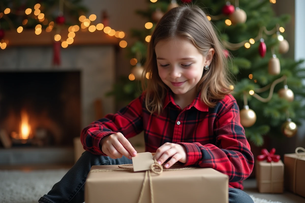 Enfant attachant une étiquette cadeau de Noël imprimée sur un paquet sous le sapin décoré