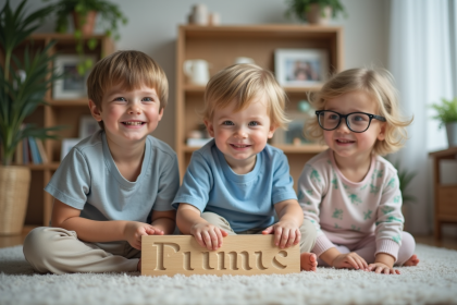 Jeune garçon tenant une plaque en bois avec ses frères et sœurs dans un salon chaleureux