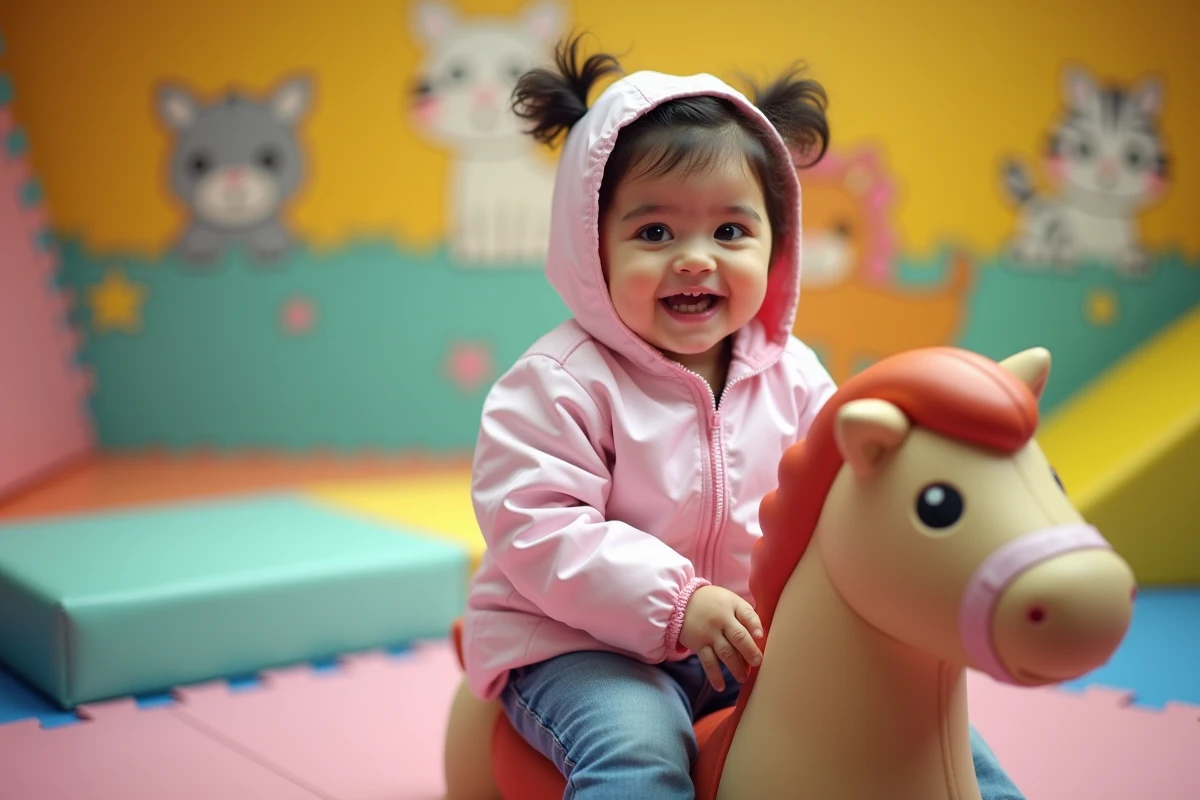 Petite fille en imper pastel dans un espace de jeu intérieur