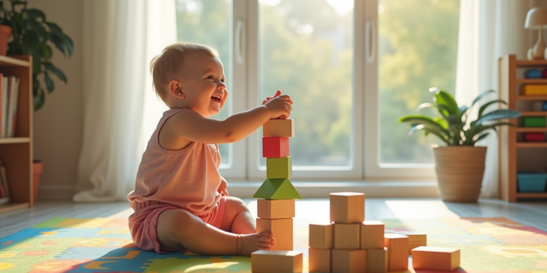 Enfant de trois ans jouant avec des blocs en bois lumineux