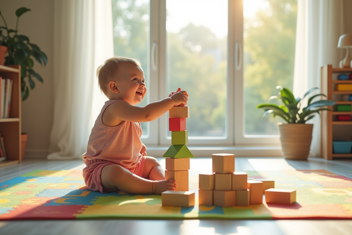 Enfant de trois ans jouant avec des blocs en bois lumineux