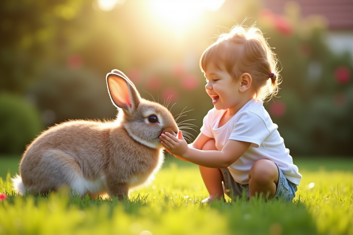 Enfant joyeux caressant un lapin dans le jardin