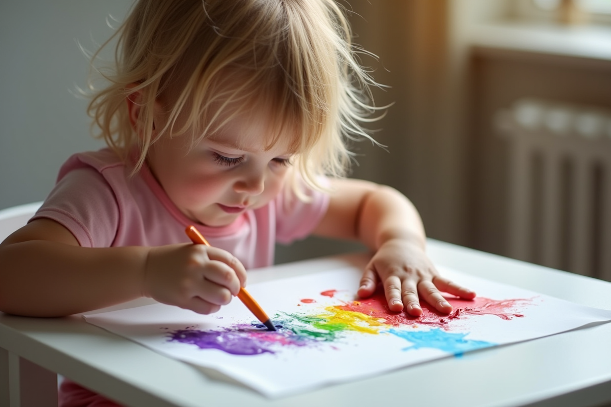 Enfant de trois ans utilisant la peinture avec les doigts