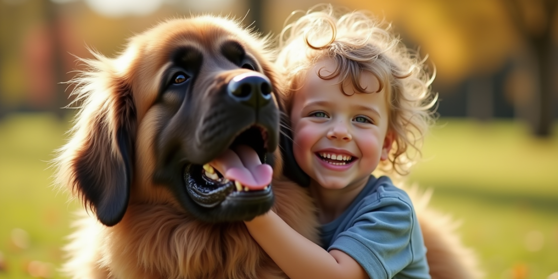 Jeune enfant riant en serrant un chien Newfoundland en plein air