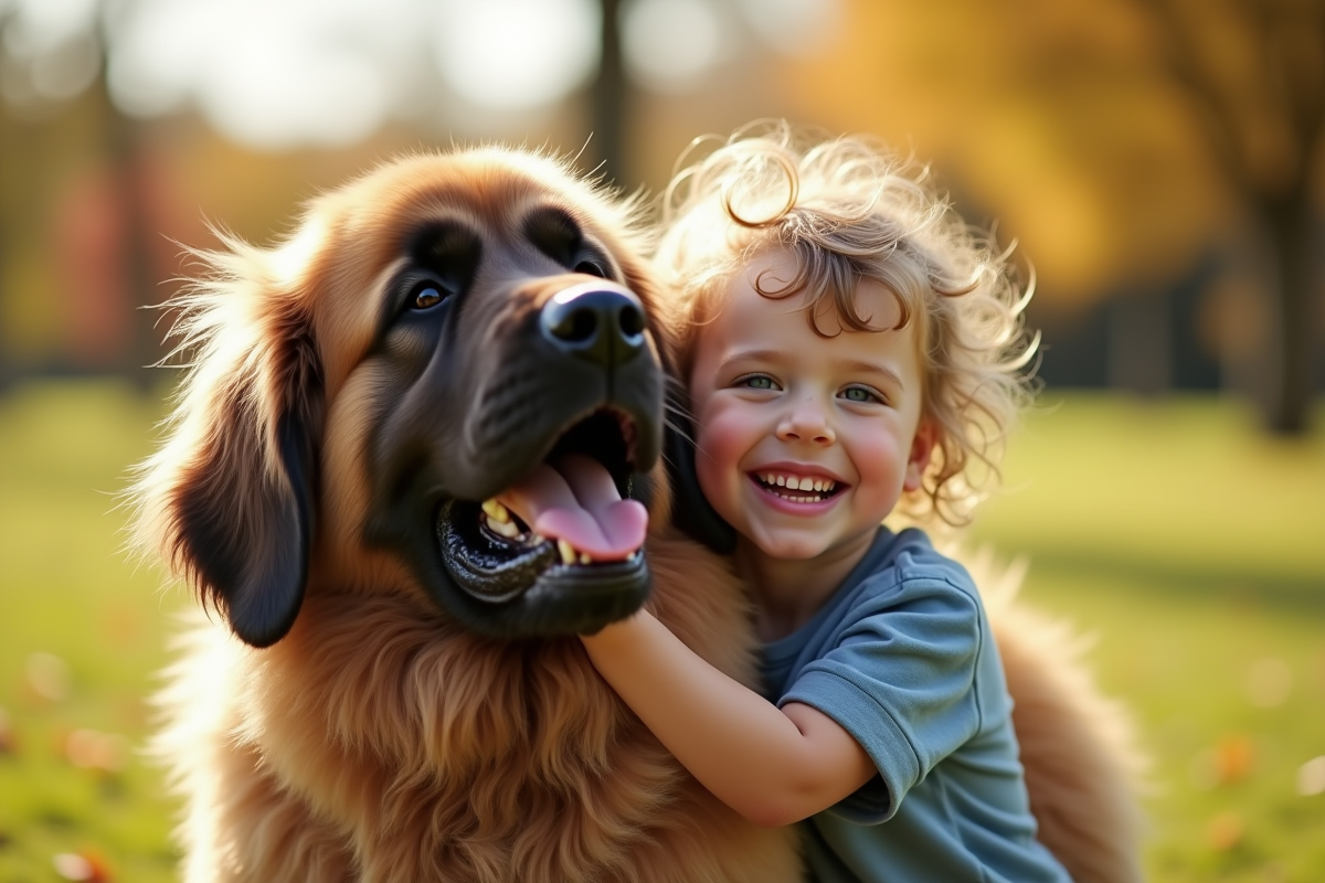 Jeune enfant riant en serrant un chien Newfoundland en plein air