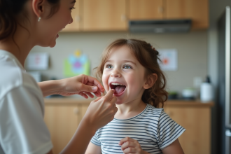 Fille de 7 ans souriante dans la cuisine familiale
