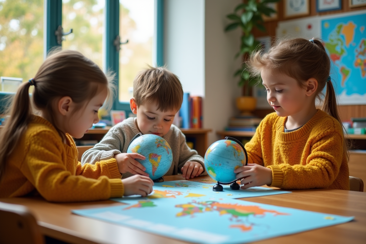 Trois enfants créent une carte du monde en classe