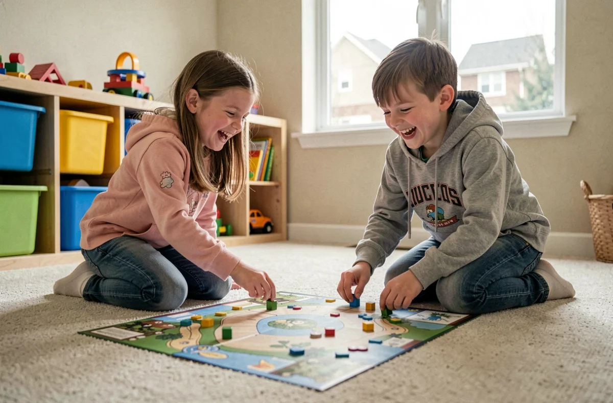 Deux enfants jouant ensemble à un jeu de société imprimé sur le tapis d'une salle de jeux