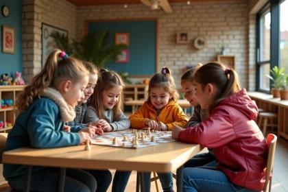 Groupe d'enfants jouant à un jeu de société à La Maillerie