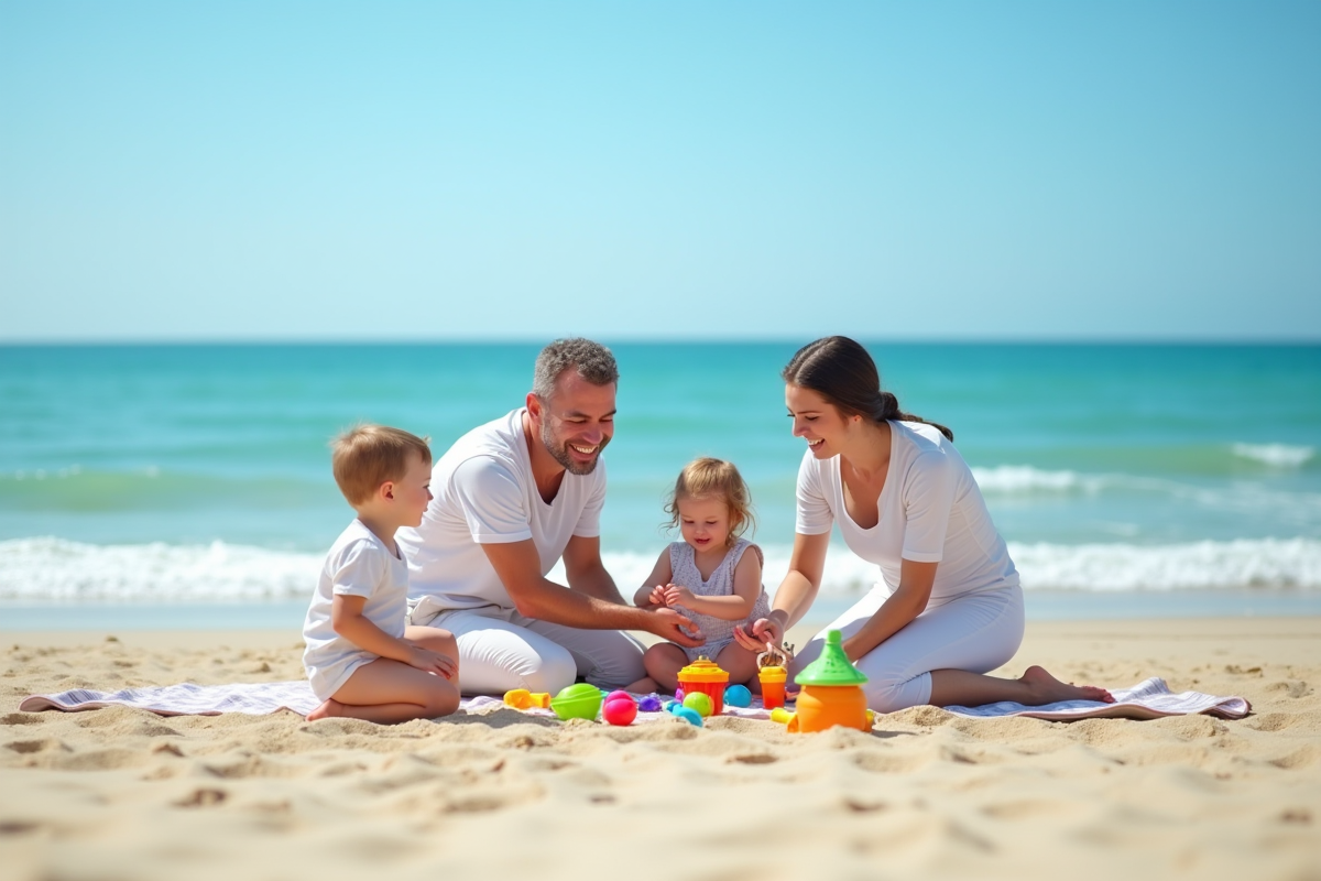 Enfants jouant sur la plage avec des jouets colorés