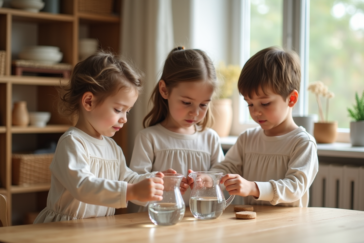 Trois enfants versant de leau lors dune activité Montessori