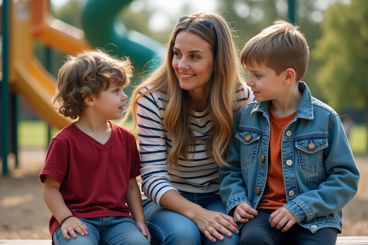 Enseignante parlant avec deux garçons dans la cour d