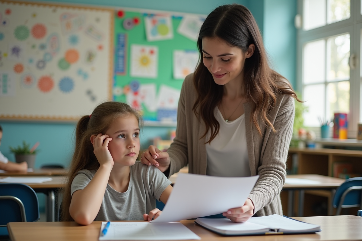 Enseignante aidant une élève dans une classe colorée