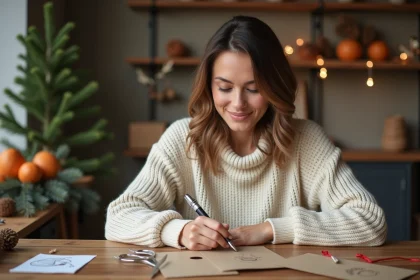 Femme écrivant une étiquette cadeau de Noël personnalisée à la main sur un bureau en bois avec des décorations de fête
