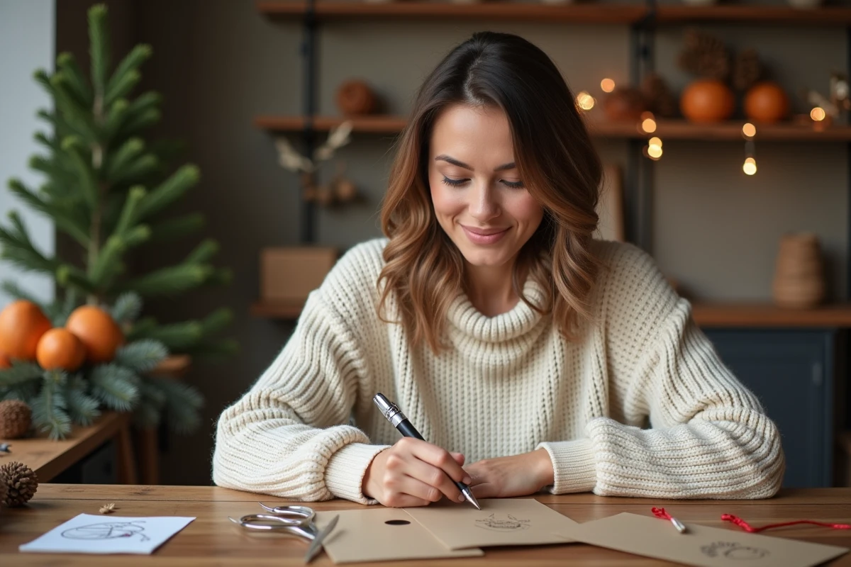 Femme écrivant une étiquette cadeau de Noël personnalisée à la main sur un bureau en bois avec des décorations de fête