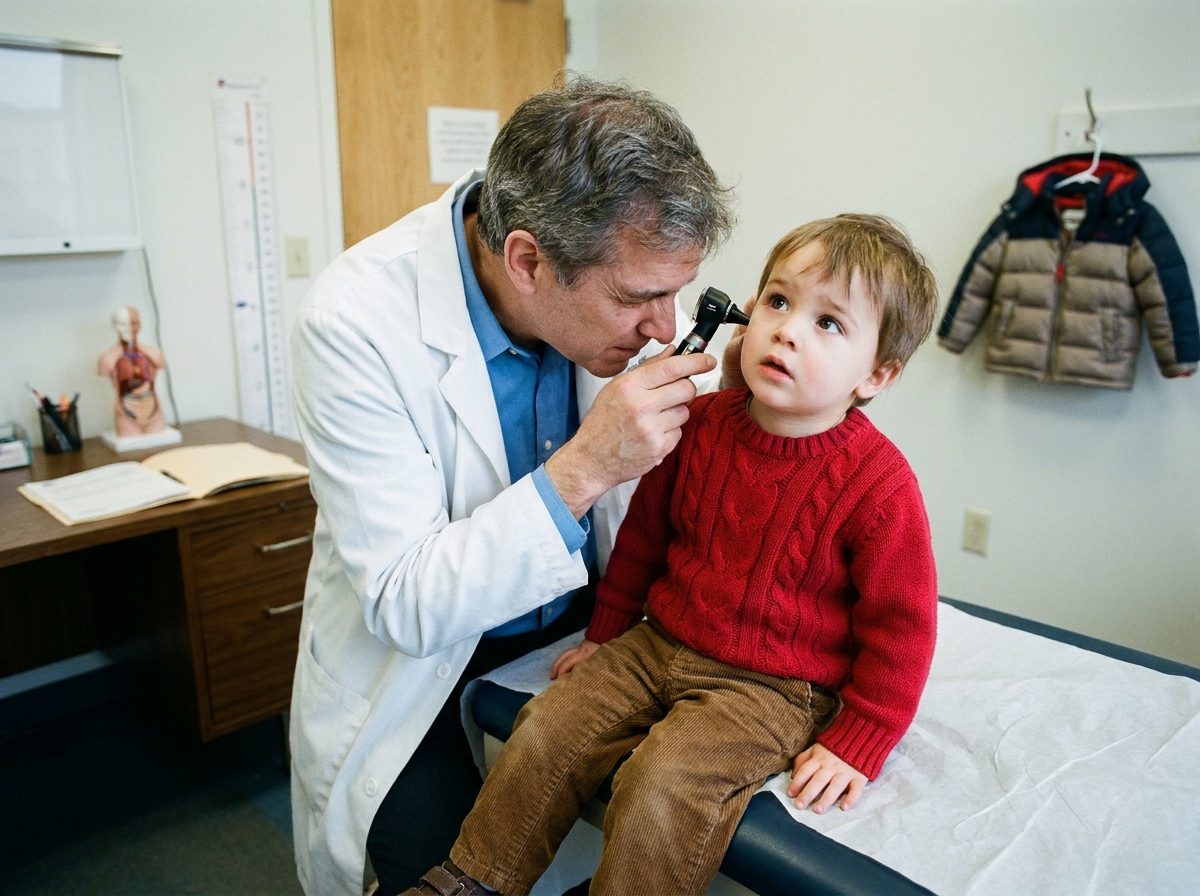 Pédiatre examinant l'oreille d'un enfant en hiver avec carnet de santé ouvert en arrière-plan