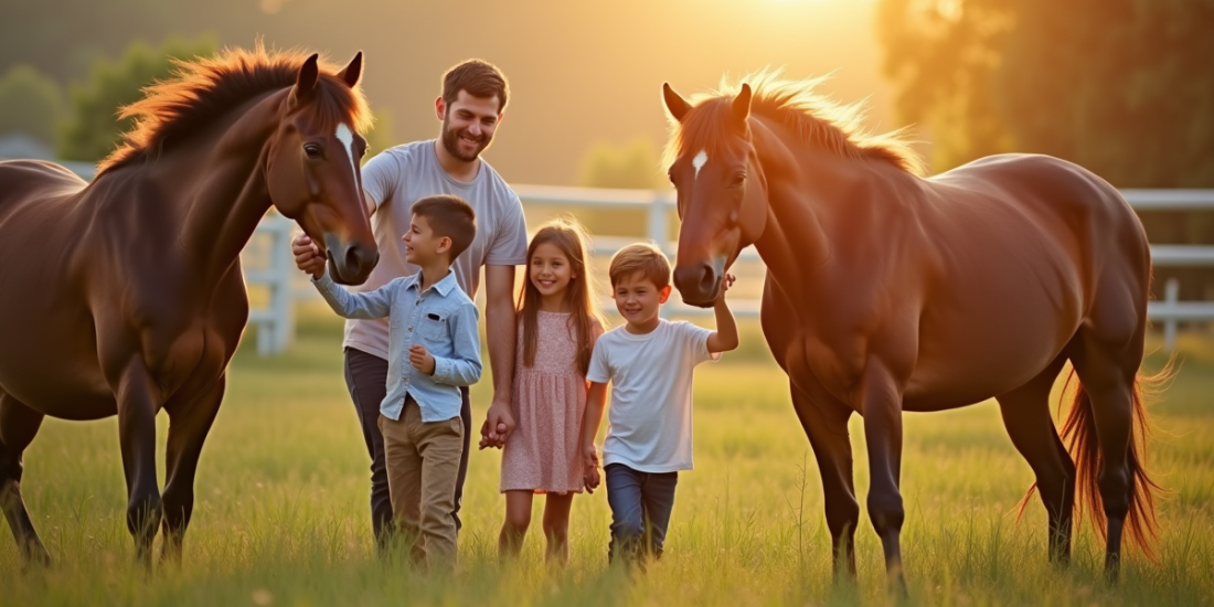 Famille heureuse caressant des chevaux dans un pré ensoleillé