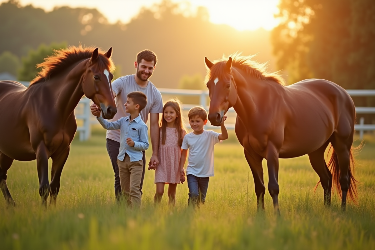 Famille heureuse caressant des chevaux dans un pré ensoleillé