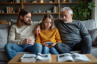 Couple et adolescente sur un canapé en tension