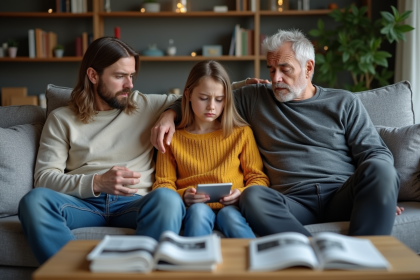 Couple et adolescente sur un canapé en tension