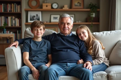 Homme d'âge moyen avec ses enfants dans un salon chaleureux