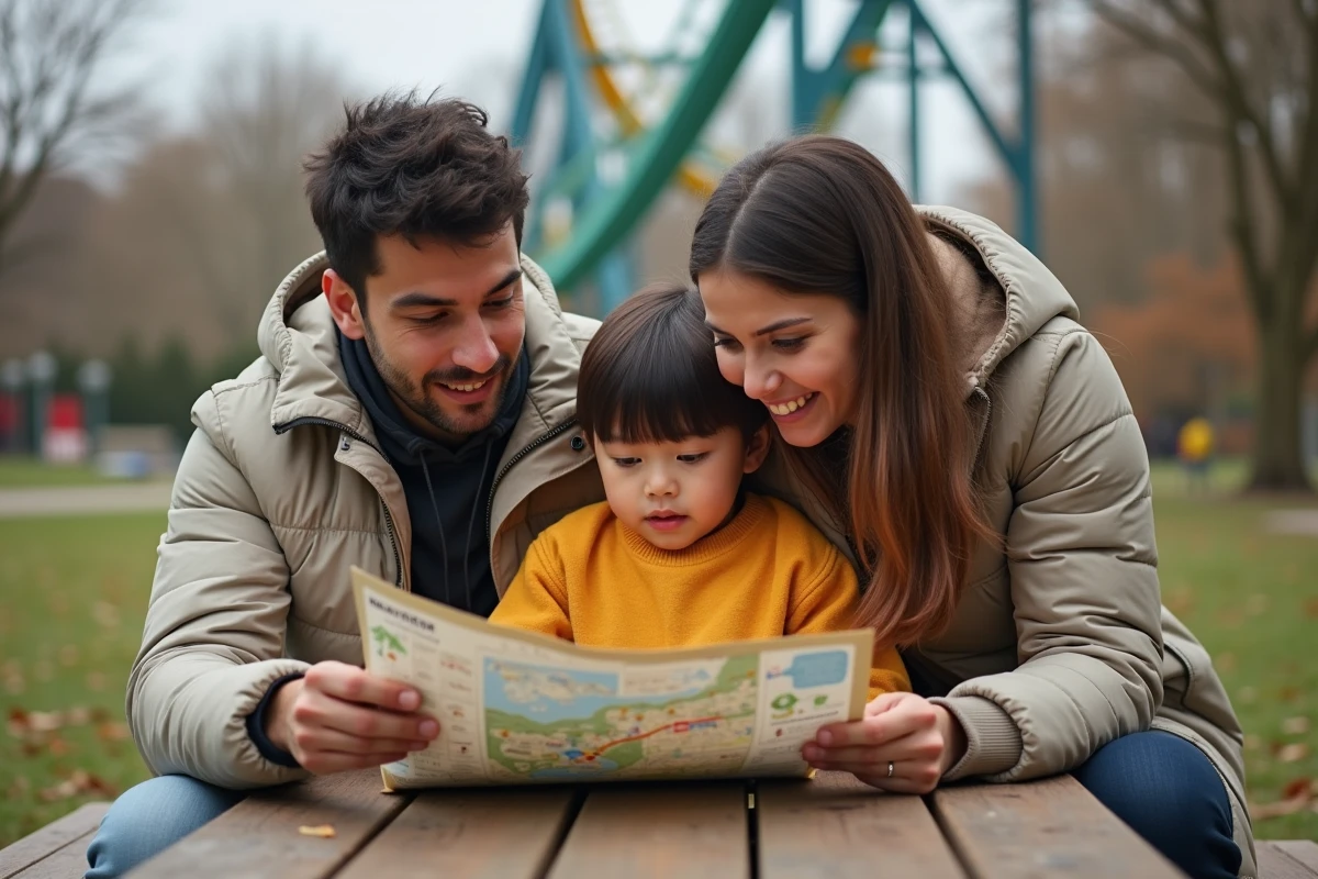 Famille regardant une carte du parc en plein air