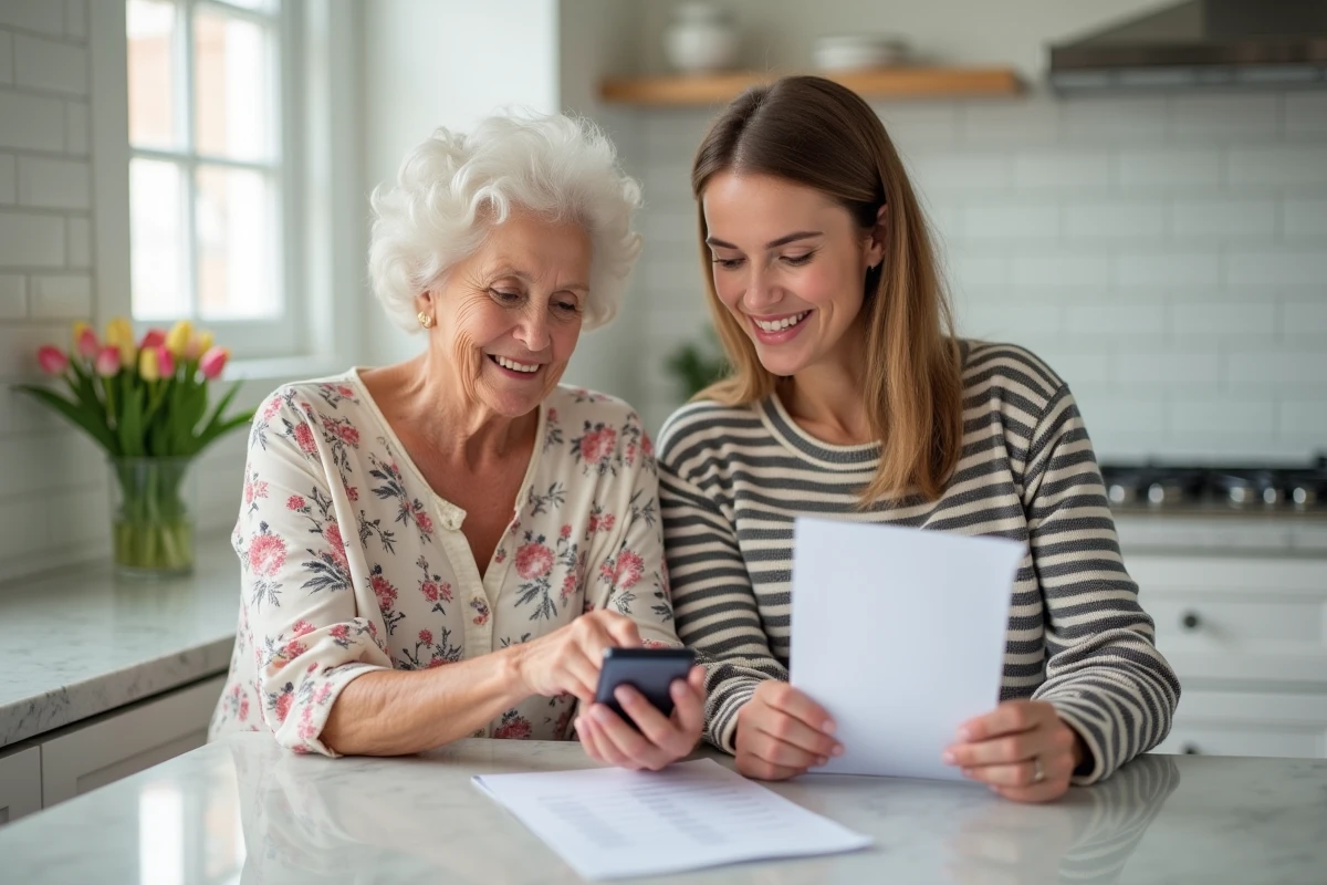 Grand-mère et jeune maman consultant ensemble une liste de cadeaux de naissance sur smartphone