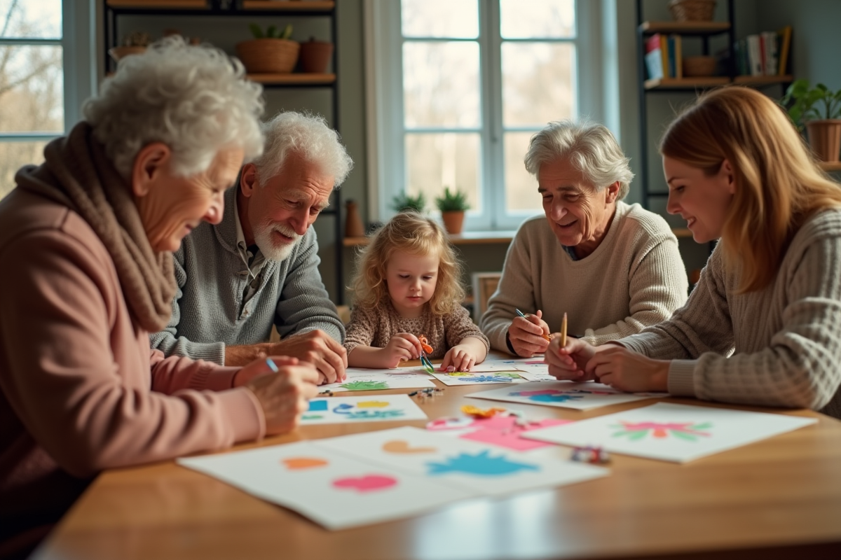 Famille multigenerational faisant des activités créatives ensemble