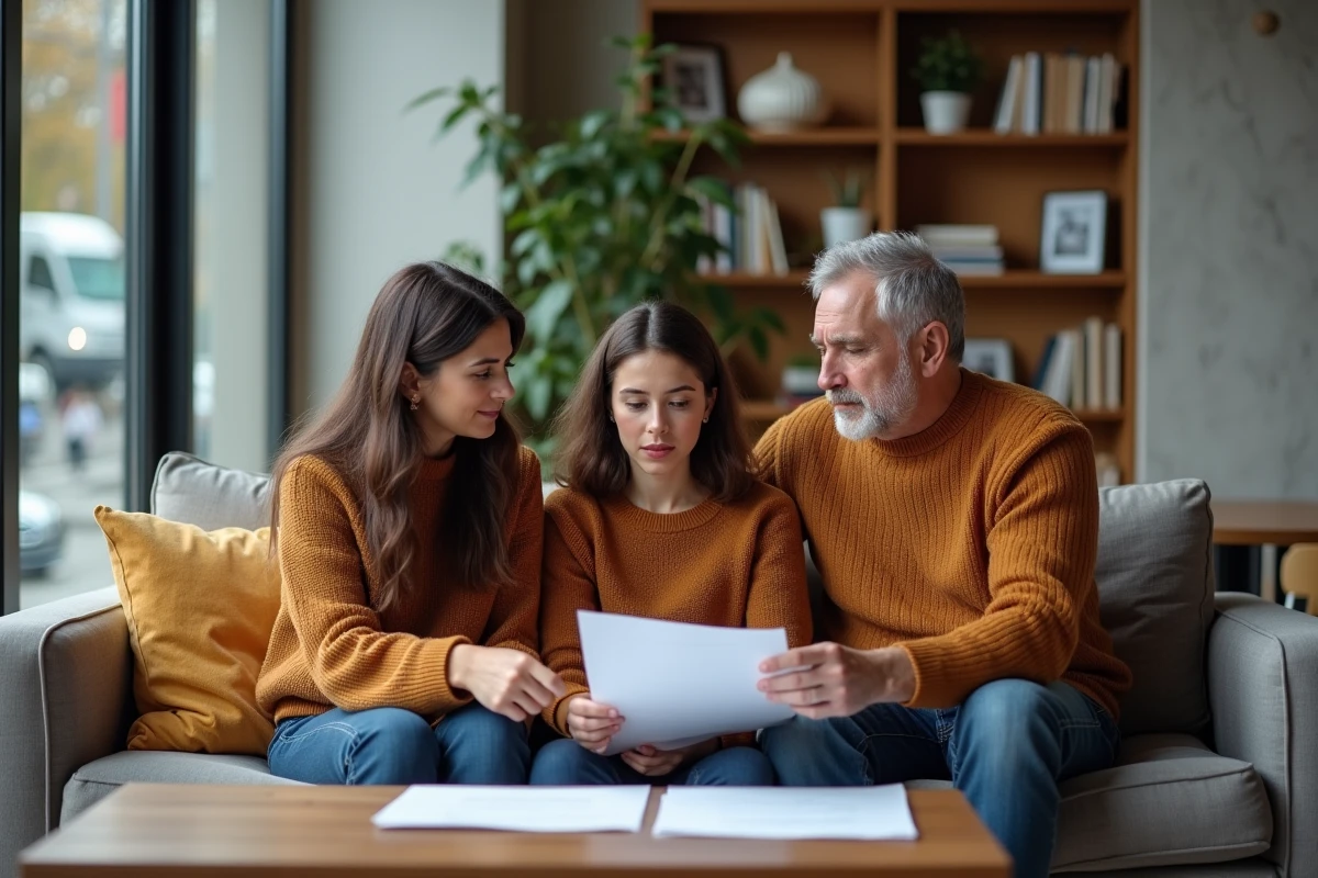 Famille en discussion autour des implications juridiques et personnelles d'une adoption simple dans un appartement moderne