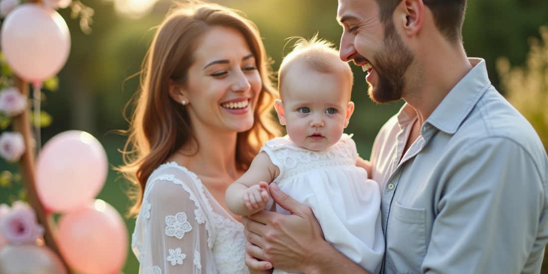 Famille heureuse lors d'une cérémonie dans le jardin avec bébé en blanc